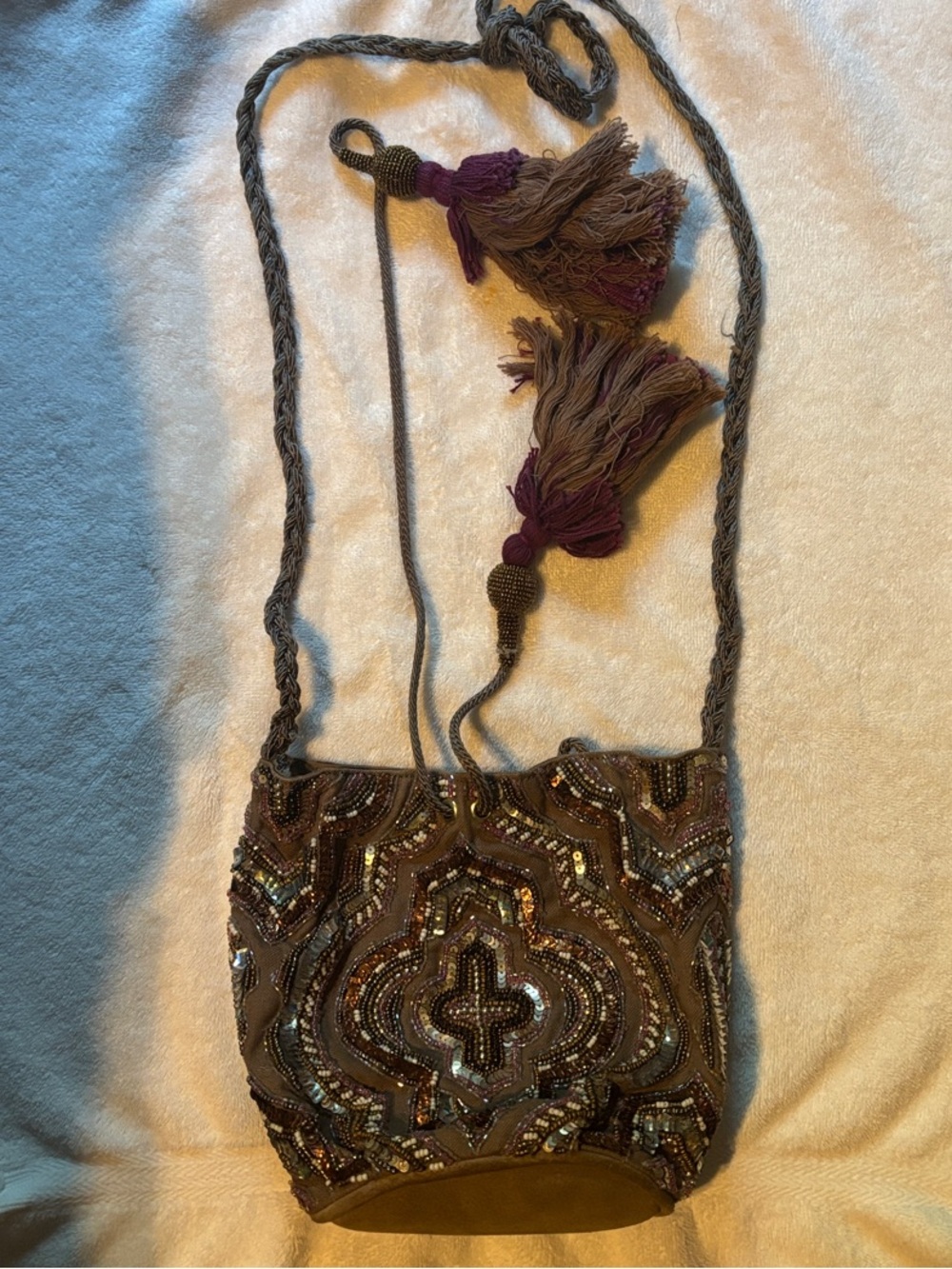White House Black Market Brown Beaded Crossbody with Purple Tassels
